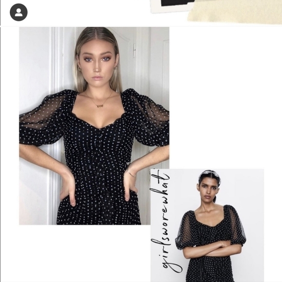 Zara polka dot mesh shirred mini dress puff sleeves black white xs - Picture 7 of 16